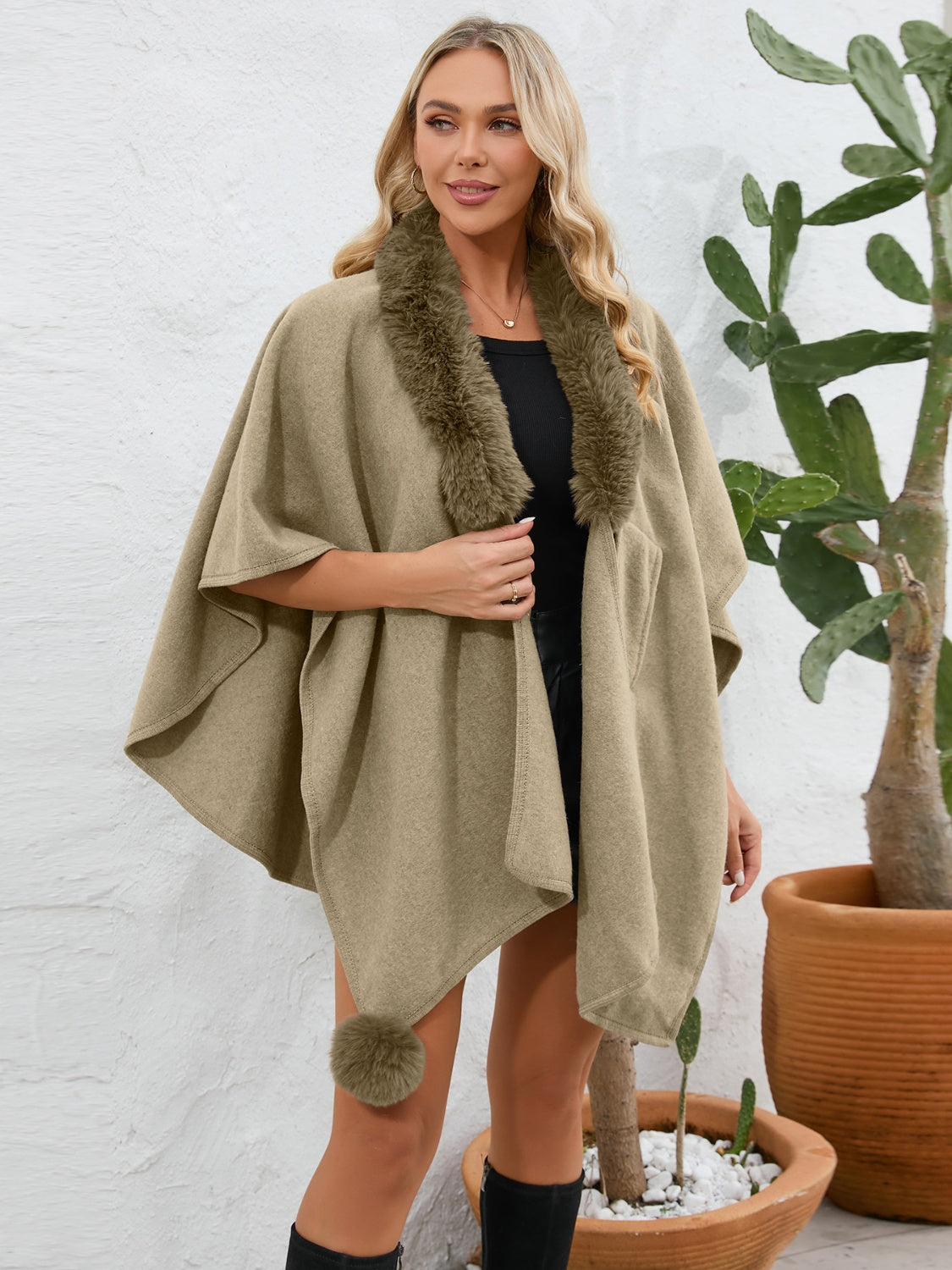 Asymmetrical Faux Fur Collar Open Front Poncho