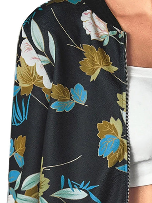 Women's Dark Florals Print Bomber Zip Jacket Annva USA