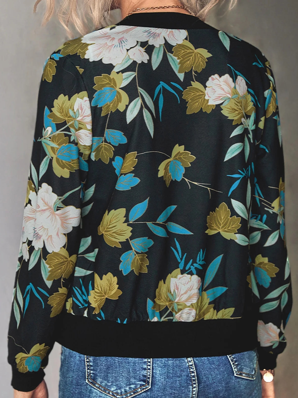 Women's Dark Florals Print Bomber Zip Jacket Annva USA