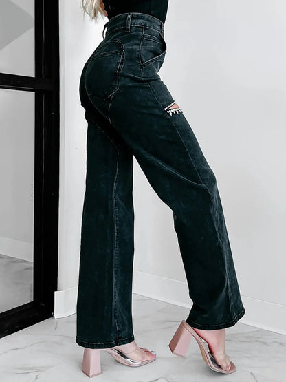 Rhinestones Embellished Cutout Wide Leg Jeans Trendsi
