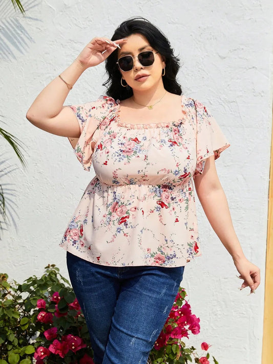 Plus Size Frill Floral Printed Flutter Sleeve Blouse Trendsi