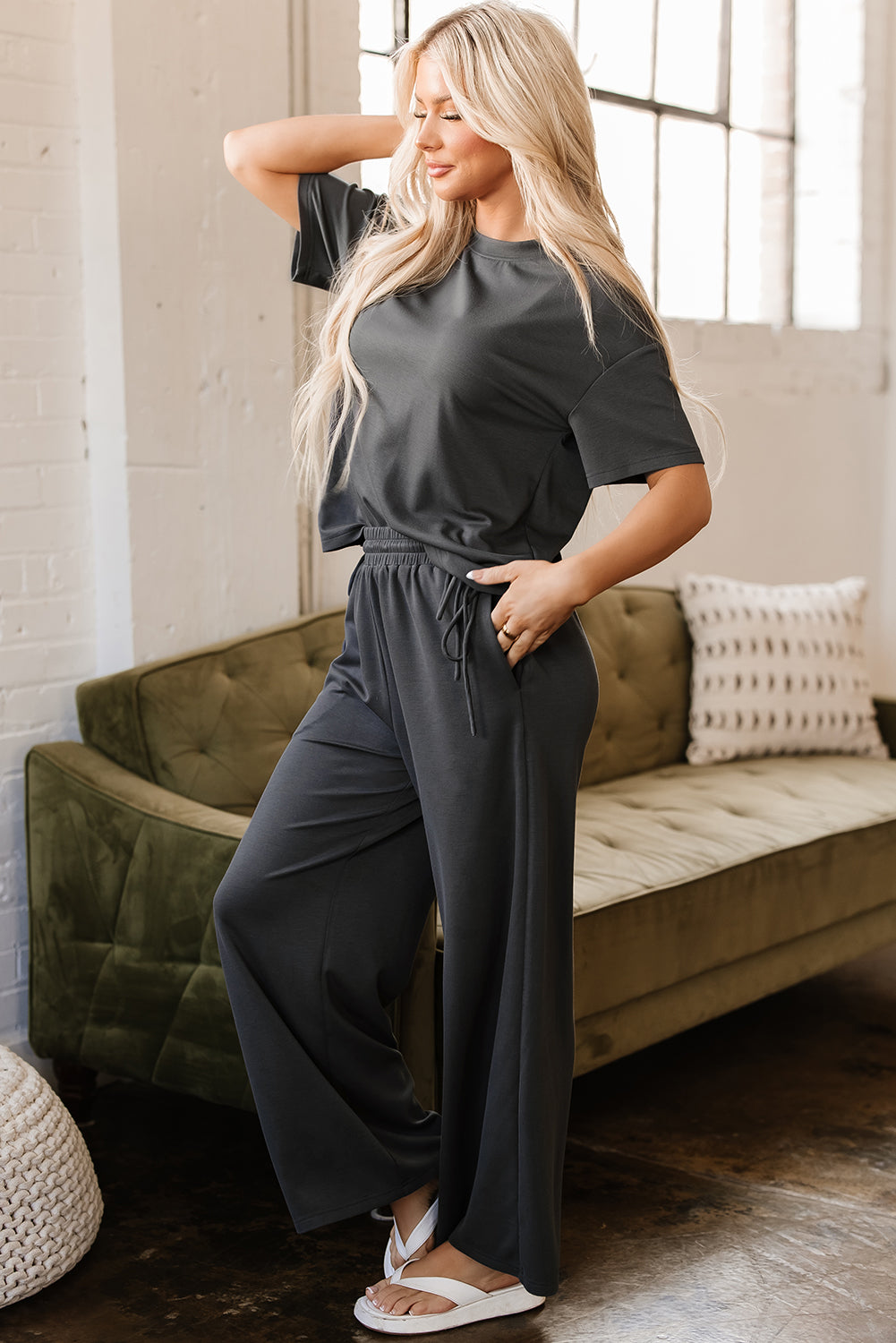 Dallas Drawstring Side Crewneck Tee and Loose Pants Set  DAME BOHEME