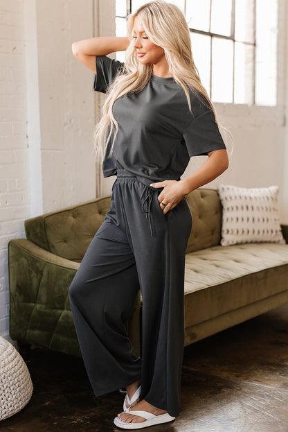 Dallas Drawstring Side Crewneck Tee and Loose Pants Set  DAME BOHEME