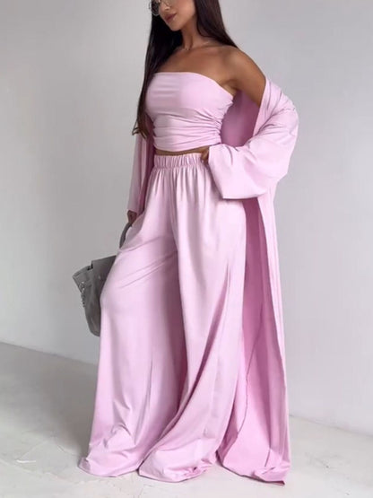 Tube Top, Long Cardigan and Flared Long Pants Three Piece Casual Set  DAME BOHEME