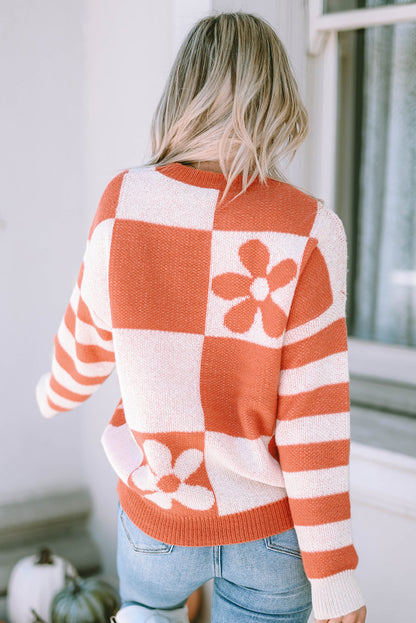 Miller Checkered Floral Striped Sleeve Sweater  DAME BOHEME