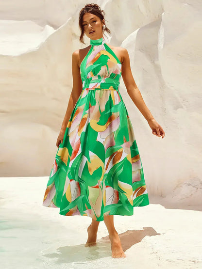 Ruched Printed Halter Neck Midi Dress Trendsi