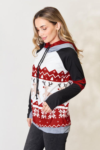 Double Take Full Size Christmas Drawstring Long Sleeve Hoodie  DAME BOHEME