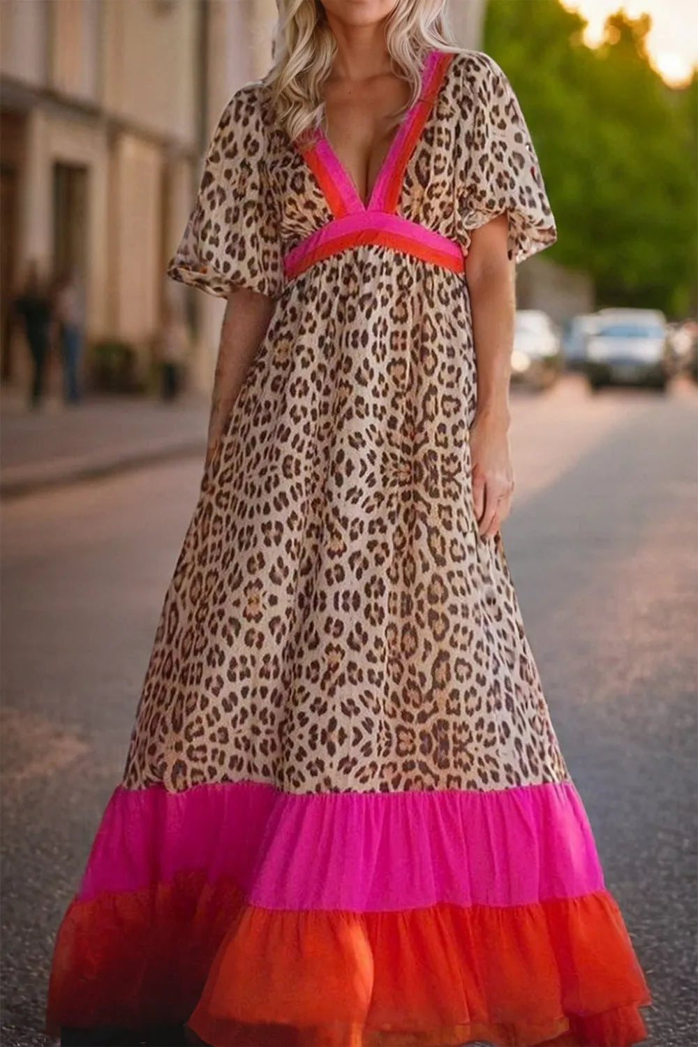 Leopard Red Colorblock V-Neck Long Sleeve Maxi Dress Trendsi