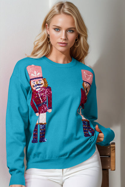 Double Take Full Size Nutcracker Sequin Long Sleeve Sweater  DAME BOHEME