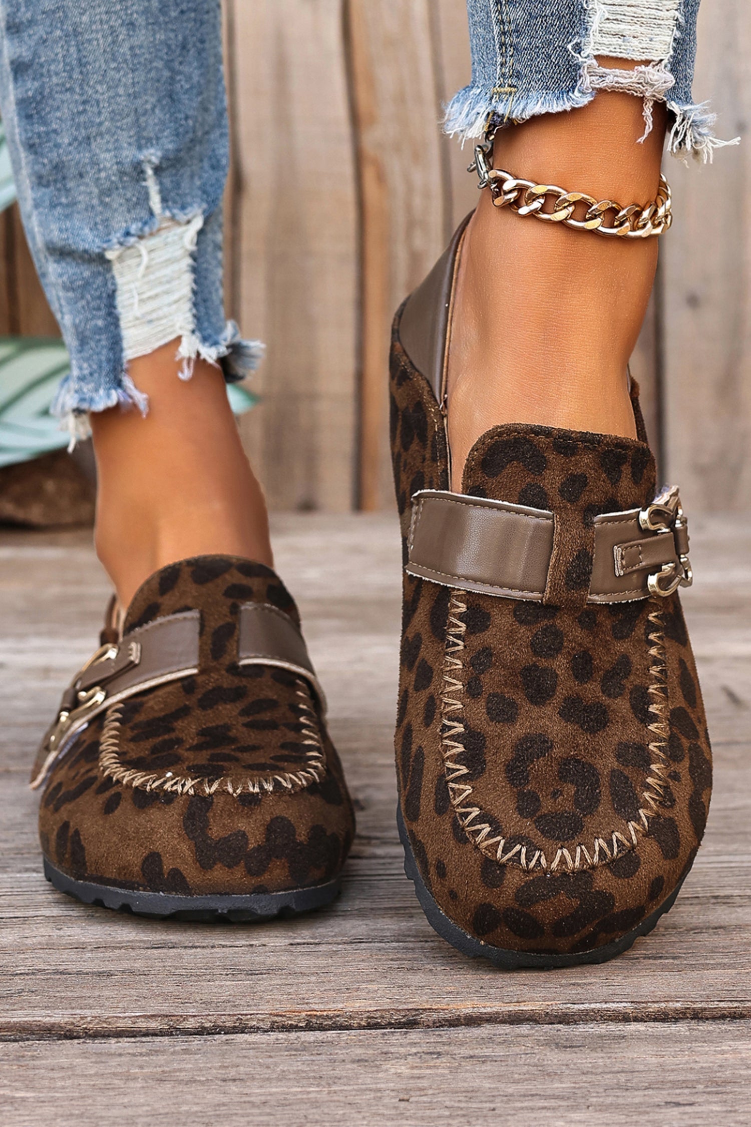 Coffee Faux Suede PU Leather Patchwork Retro Buckle Slip On Shoes  DAME BOHEME