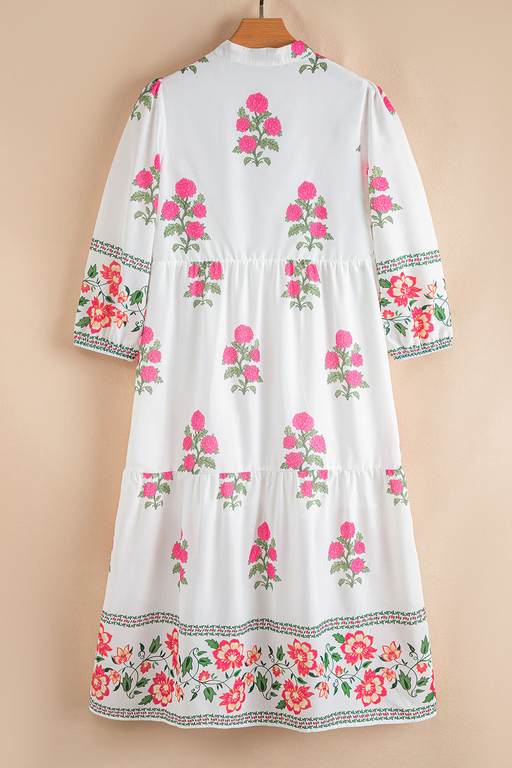 White Floral Print Half Button Mandarin Neck 3/4 Sleeve Maxi Dress  DAME BOHEME