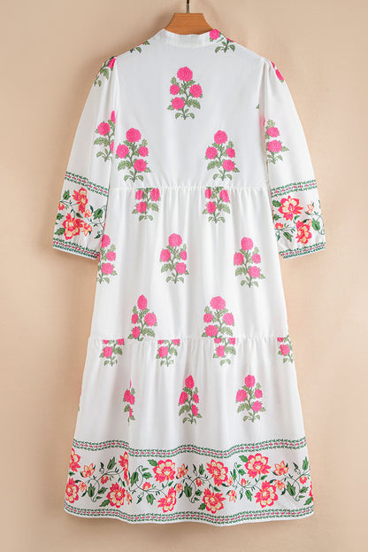 White Floral Print Half Button Mandarin Neck 3/4 Sleeve Maxi Dress  DAME BOHEME