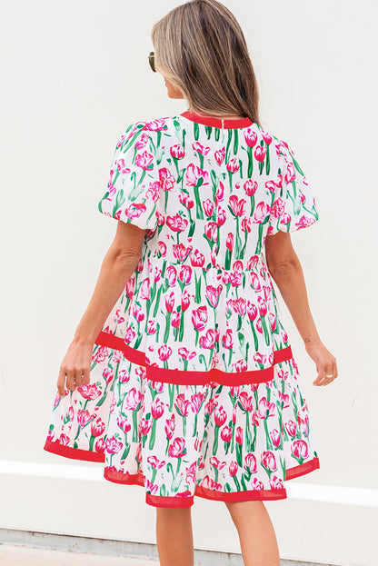 Pink Floral Print Contrast Trim V Neck Bubble Short Sleeve Babydoll Dress  DAME BOHEME