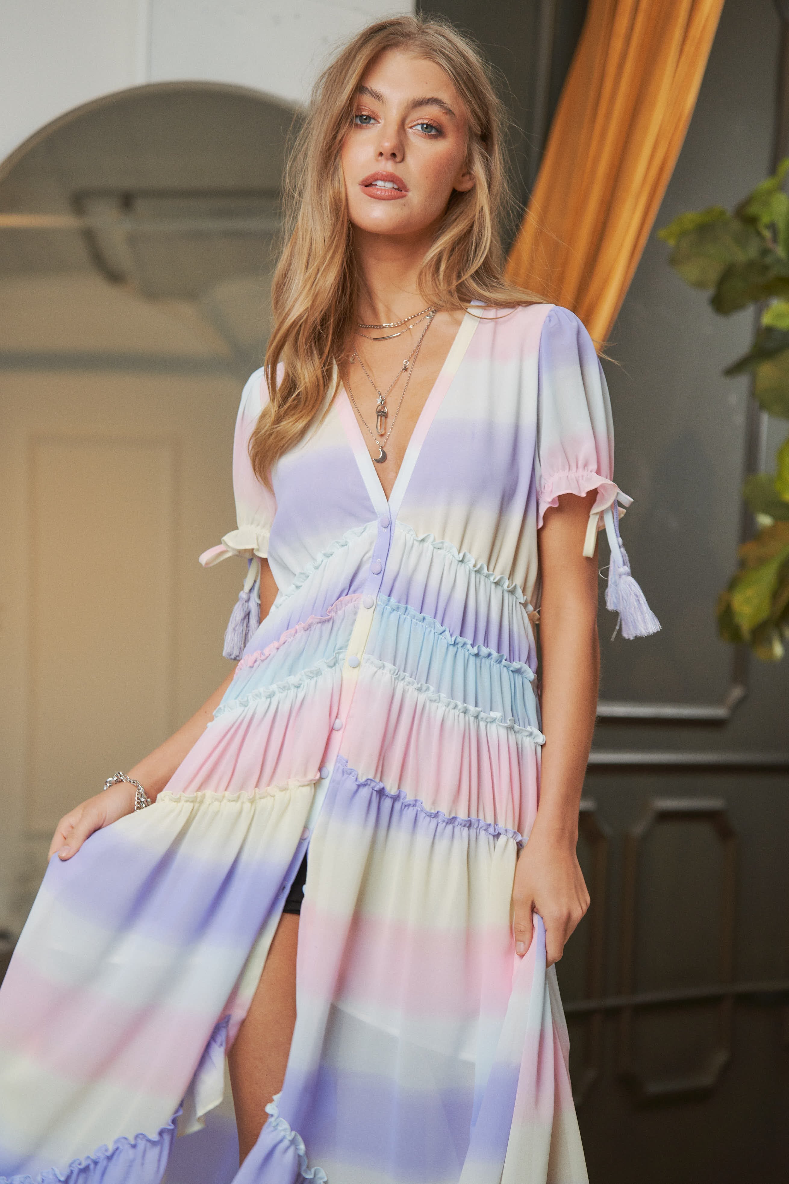 V-Neck Puff Sleeve Pastels Ombre Hi-Low Maxi Dress