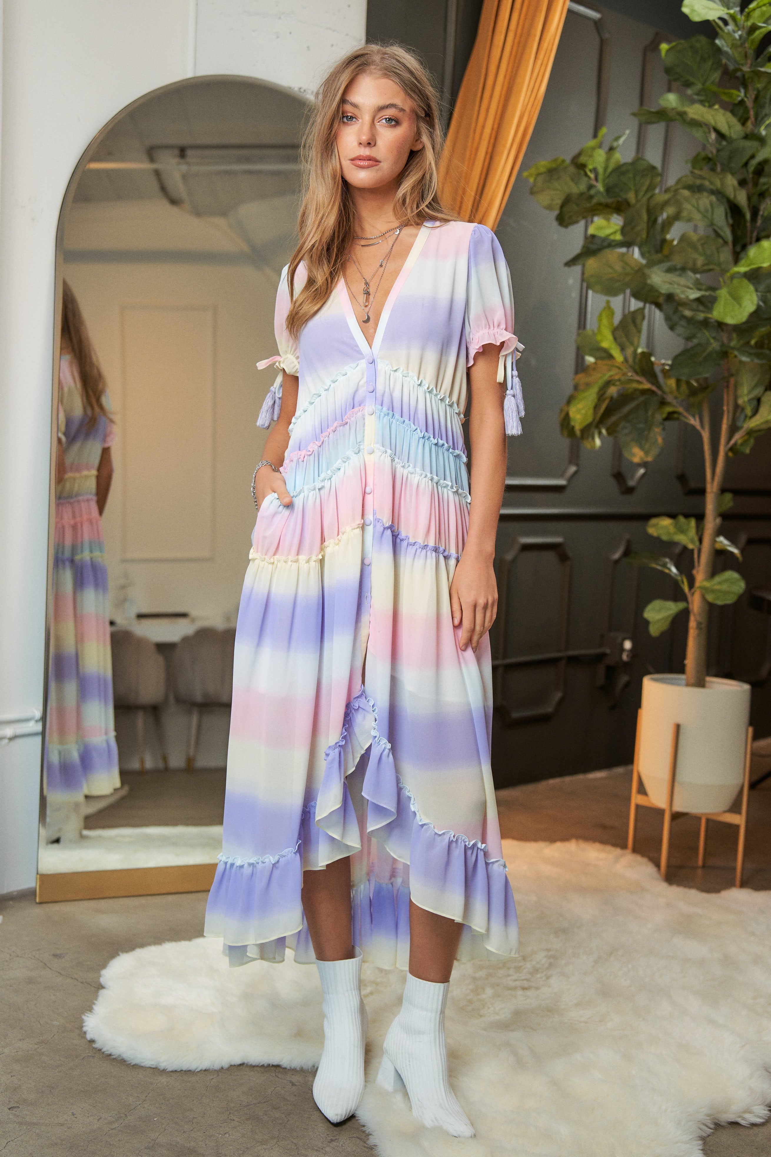 V-Neck Puff Sleeve Pastels Ombre Hi-Low Maxi Dress