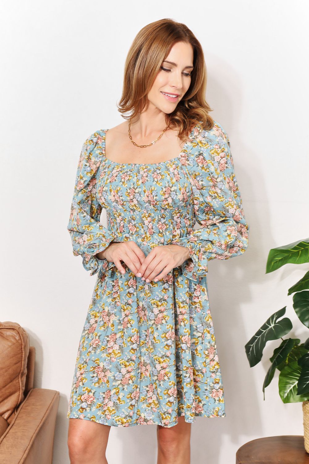 Honey Floral Smocked Flounce Sleeve Square Neck Mini Dress Trendsi