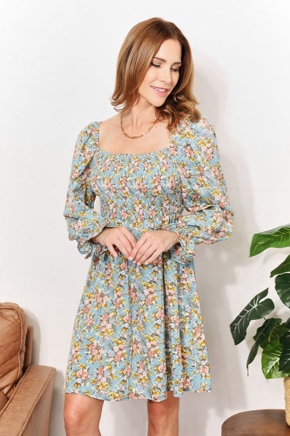 Honey Floral Smocked Flounce Sleeve Square Neck Mini Dress Trendsi