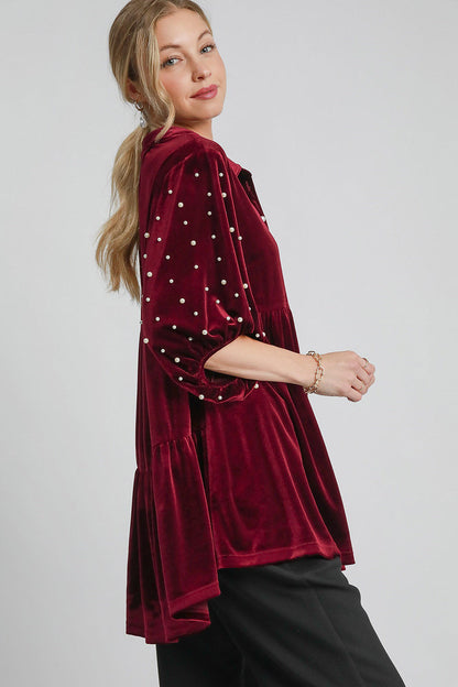 Umgee Pearl Detail Collared Neck Velvet Babydoll Blouse Trendsi