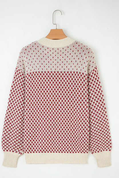Red Contrast Color Pattern Lantern Sleeve Sweater  DAME BOHEME