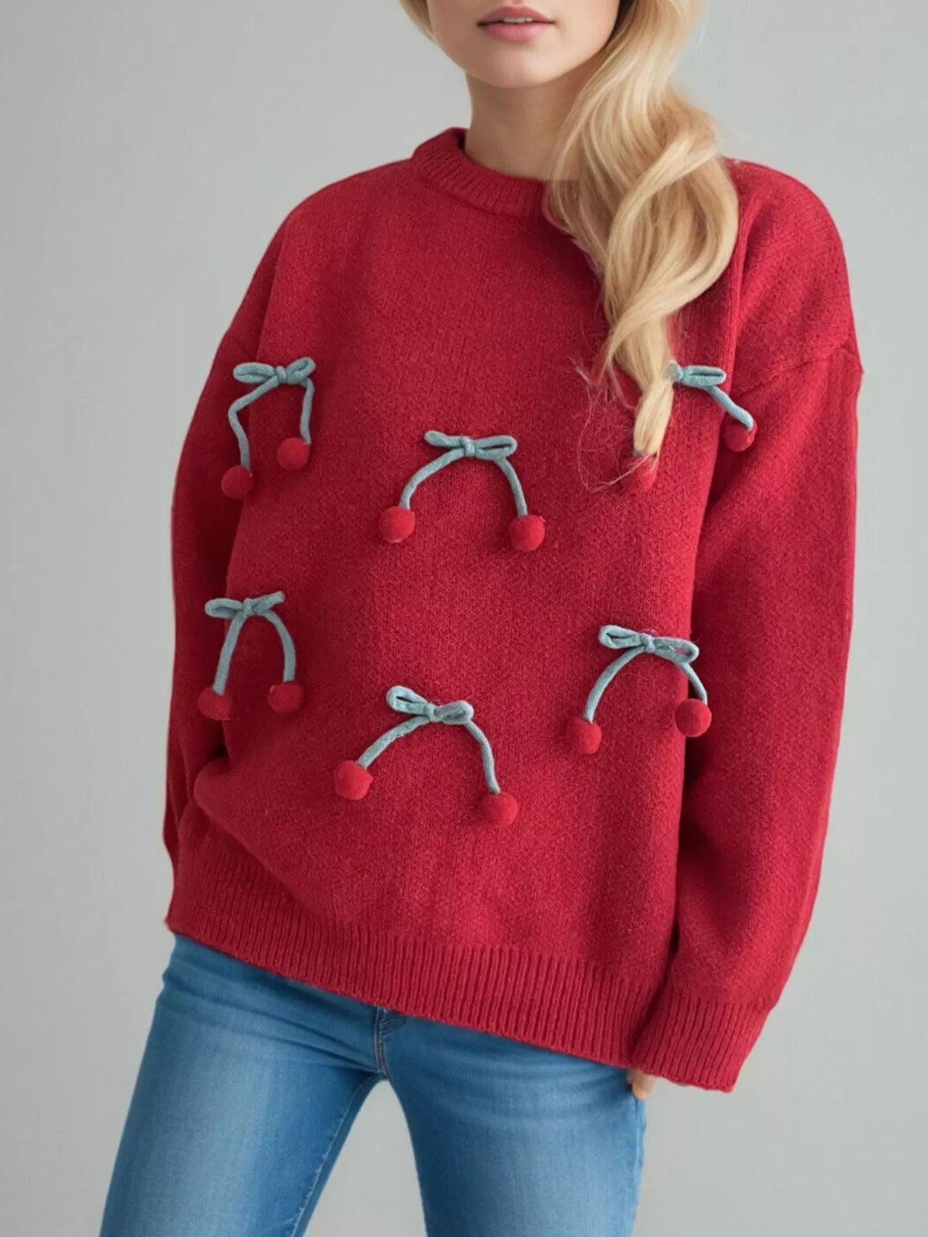 Cherry Pom-Pom Knit Round Neck Sweater  DAME BOHEME