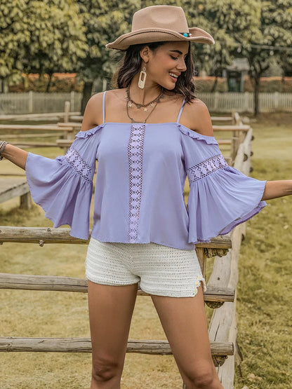Square Neck Flare Sleeve Blouse with Lace Detail & Ruffles Trendsi