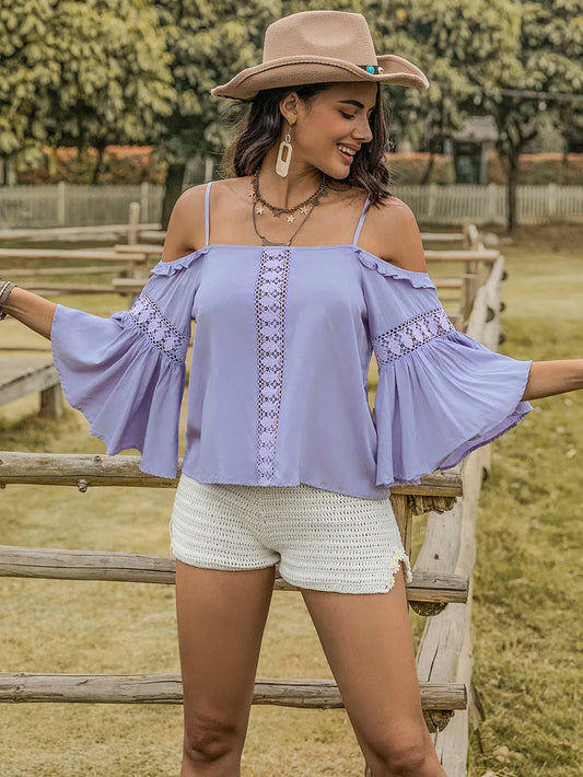 Square Neck Flare Sleeve Blouse with Lace Detail & Ruffles Trendsi