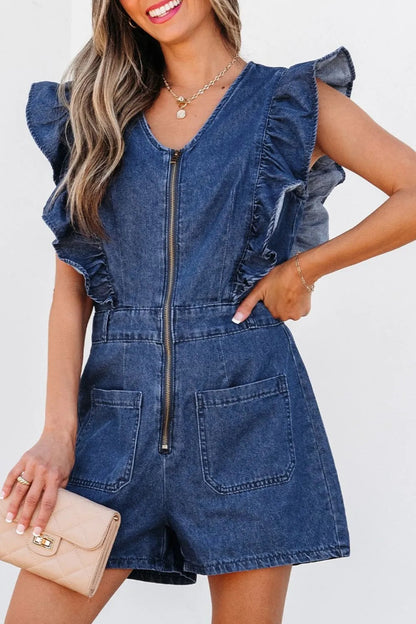 Denim Ruffled Zipped Front Belted Romper Trendsi