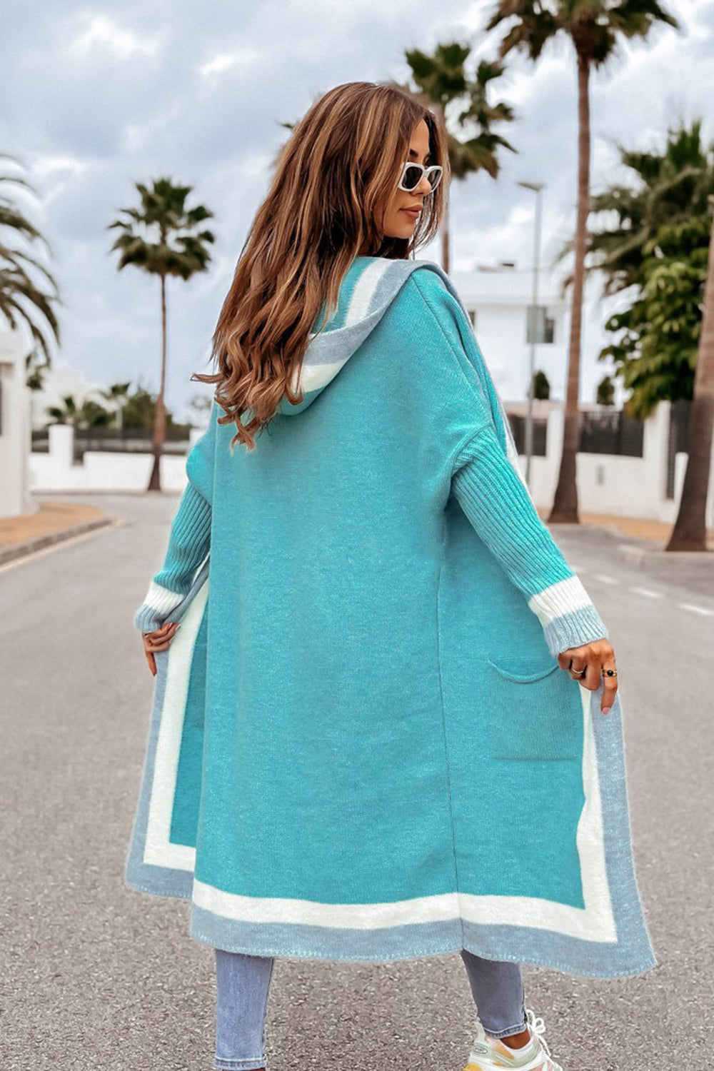 Contrast Dropped Shoulders Long Sleeve Hooded Cardigan