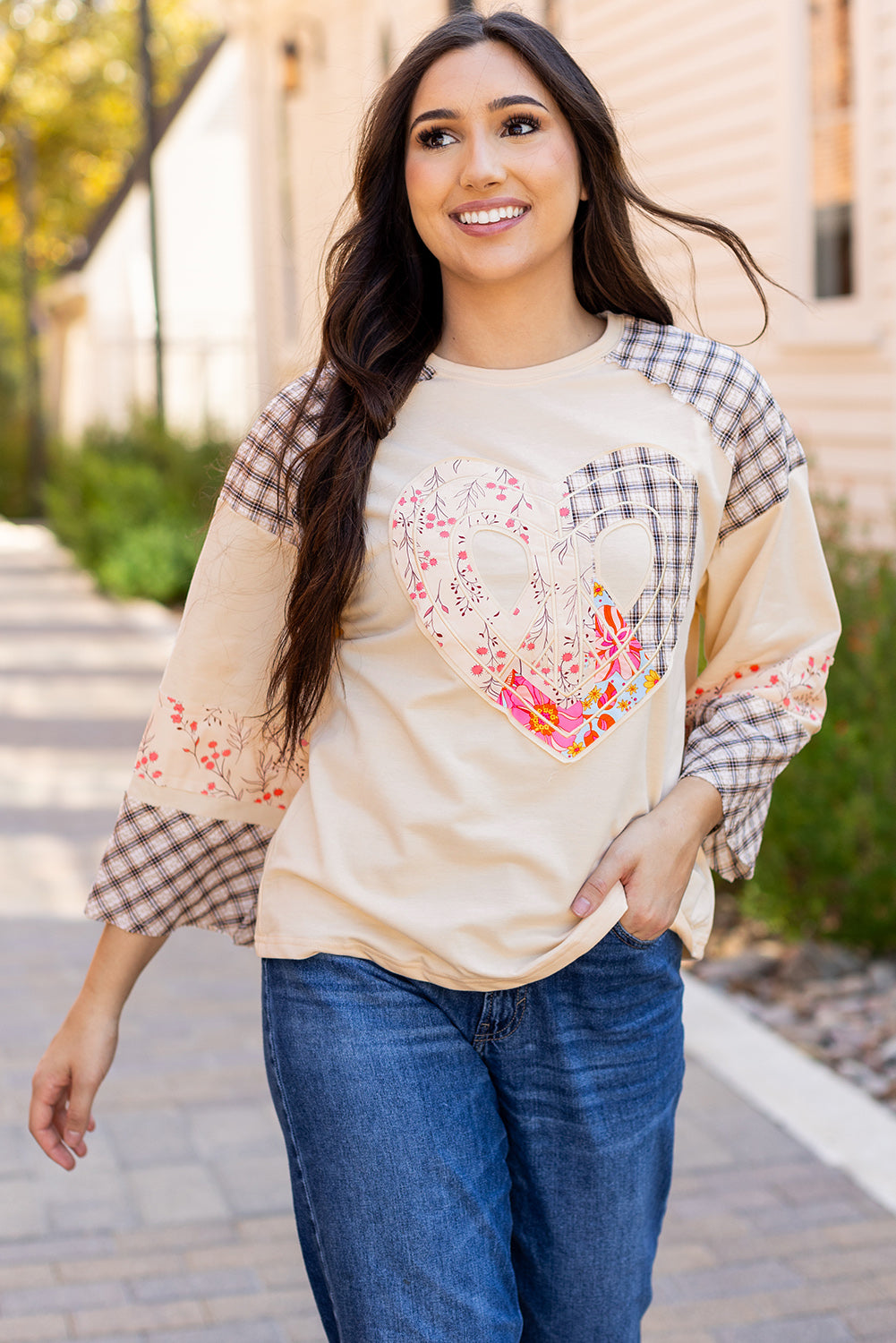Emilia Plaid Floral Peace Heart Long Sleeve Top  DAME BOHEME