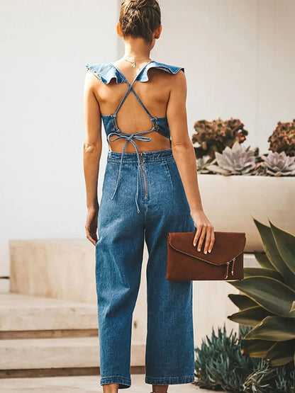 Ruffled Cris Cross Sleeveless Denim Jumpsuit Trendsi