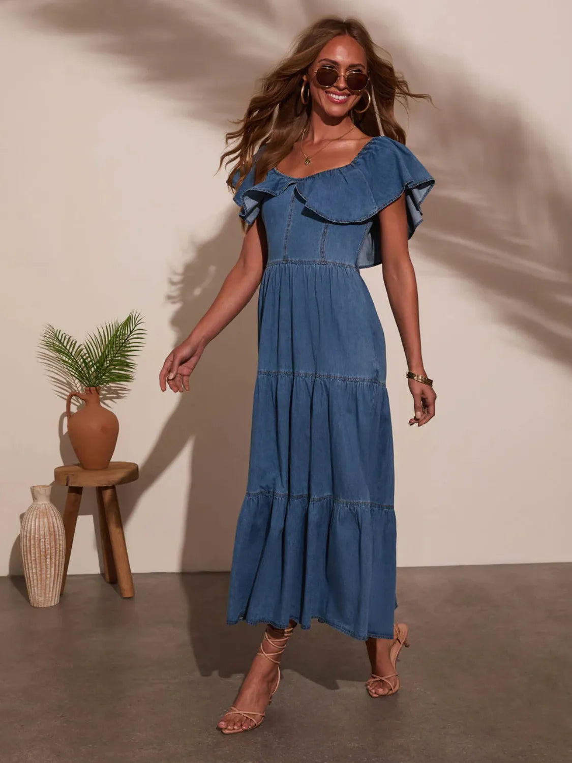 Off Shoulder Ruffle Tiered Denim Midi Dress Trendsi