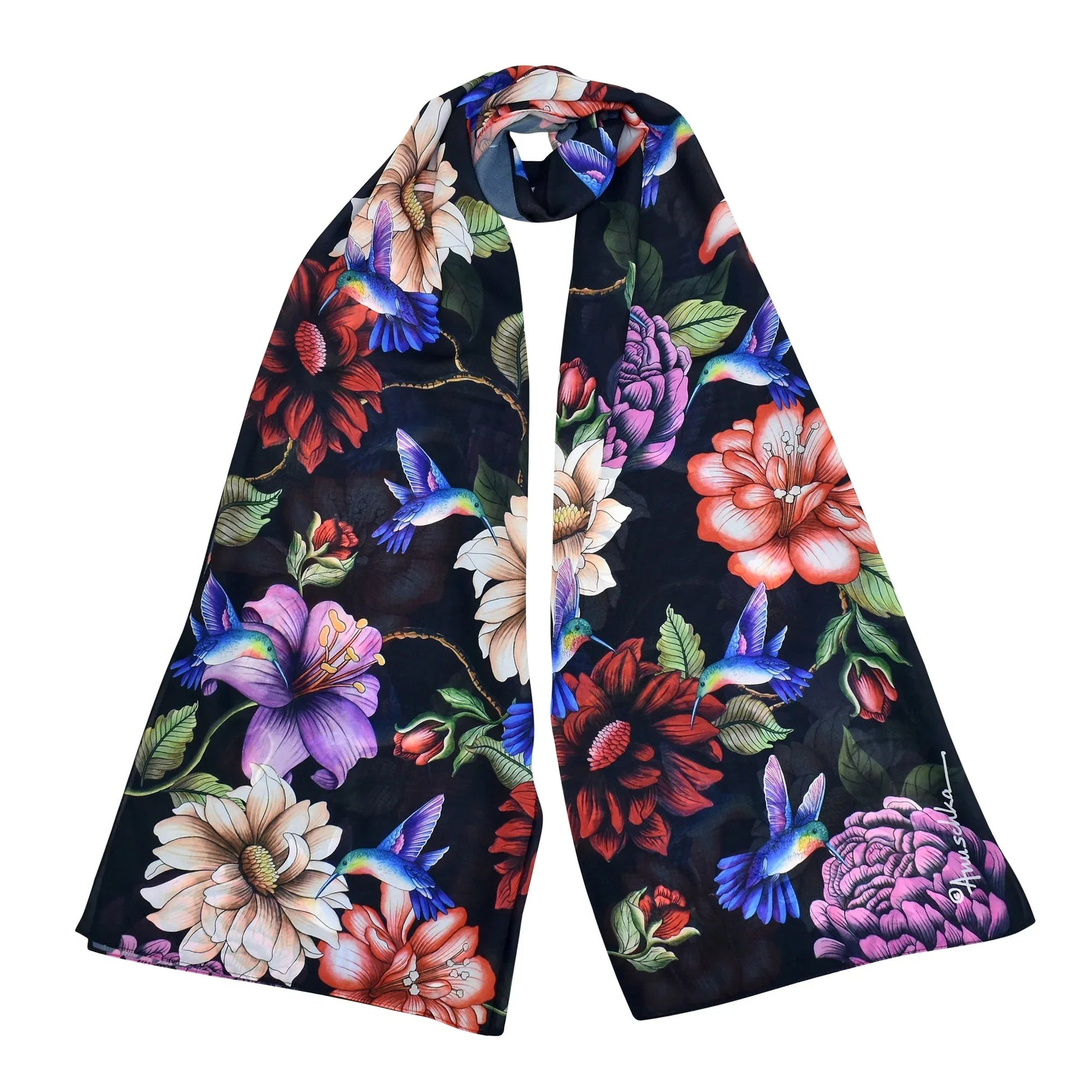 Hummingbird Heaven Floral Printed Chiffon Scarf - 3300  DAME BOHEME