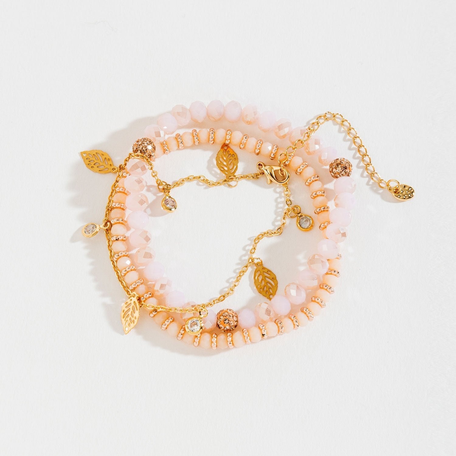 Faceted Bead Cutout Leaf Charm Layered Stretch Bracelet  DAME BOHEME