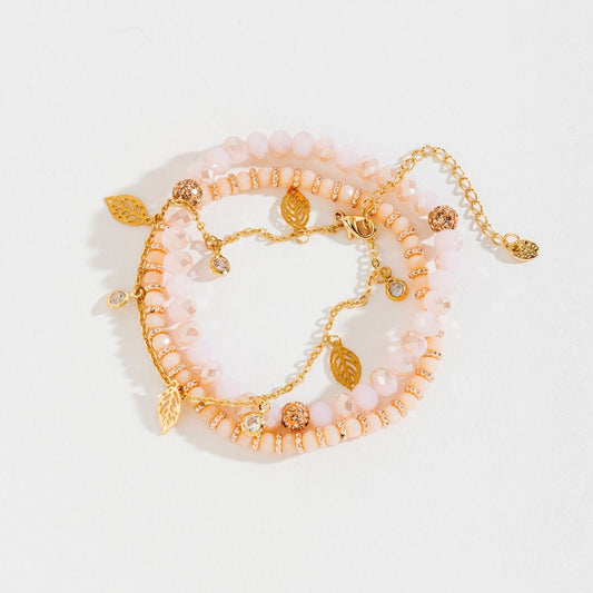 Faceted Bead Cutout Leaf Charm Layered Stretch Bracelet  DAME BOHEME