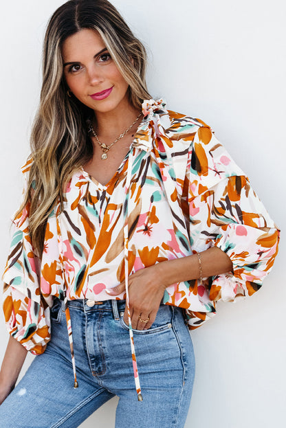 Aurelia Drawstring Frilled V Neck 3/4 Sleeve Blouse  DAME BOHEME