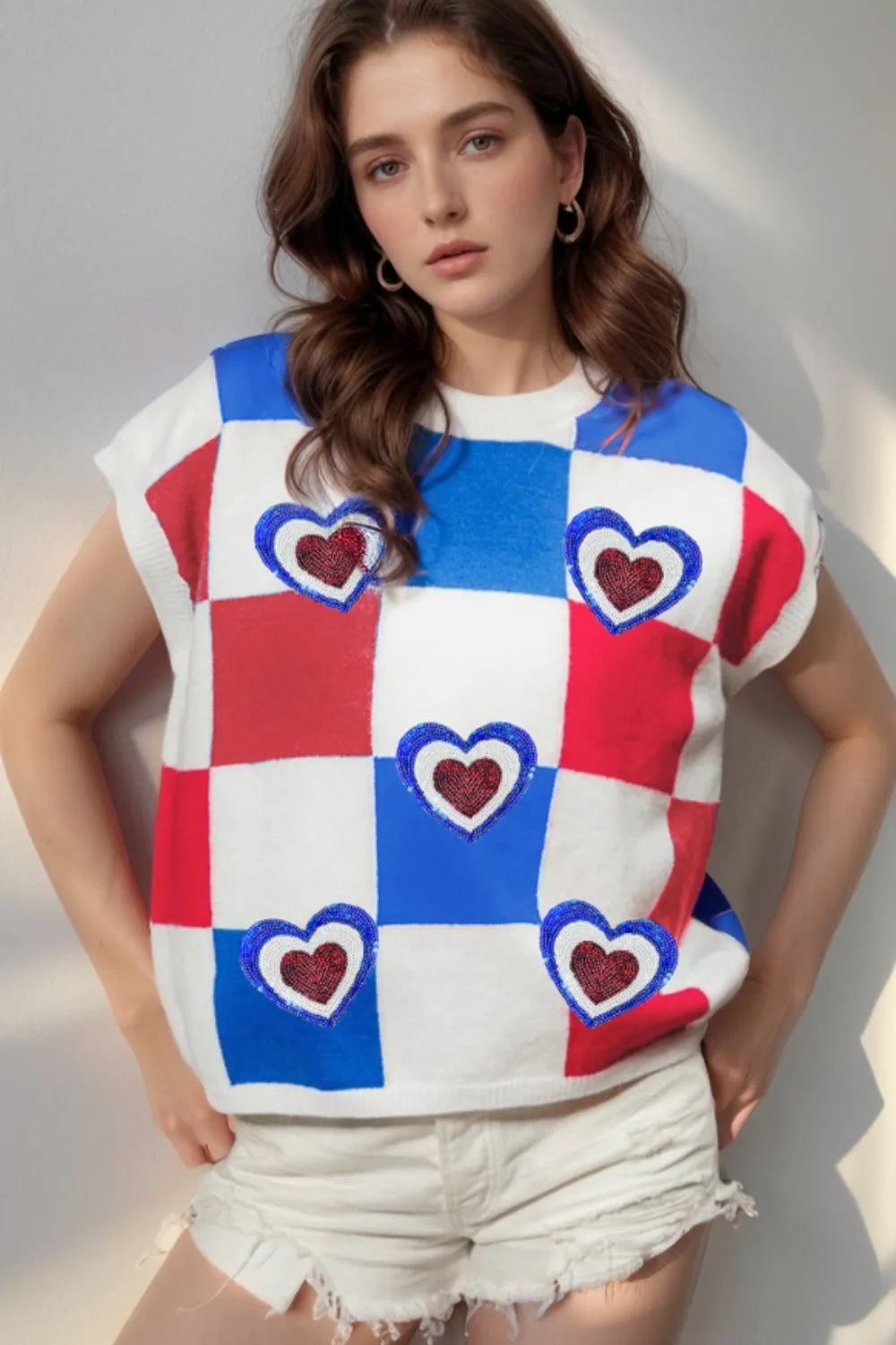 Sequin Heart Color Block Round Neck Knit Top  DAME BOHEME