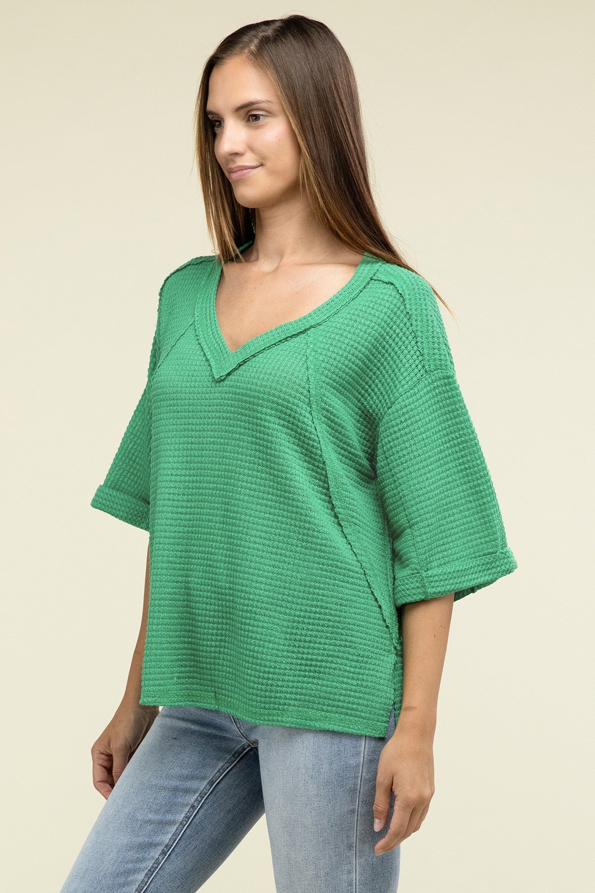 Brushed Waffle Exposed-Seam 3/4 Rolled Sleeve Top