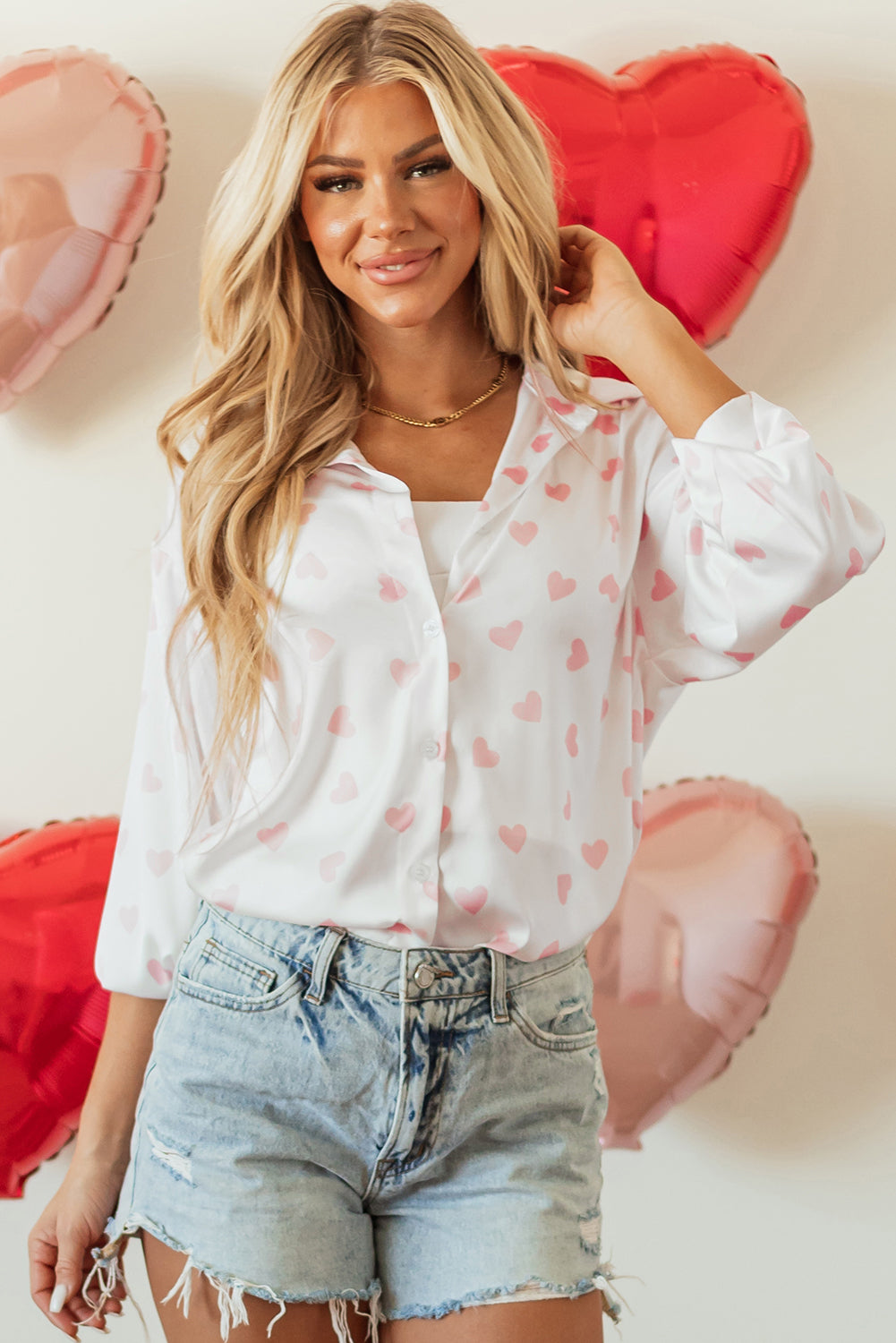 White Love Heart Print Drop Shoulder Puff Sleeve Shirt  DAME BOHEME