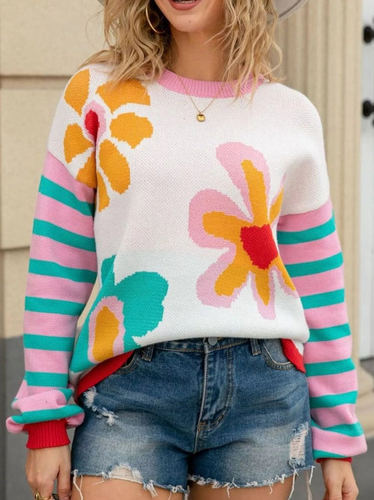 Retro Floral Striped Sleeves Crew Neck Sweater  DAME BOHEME