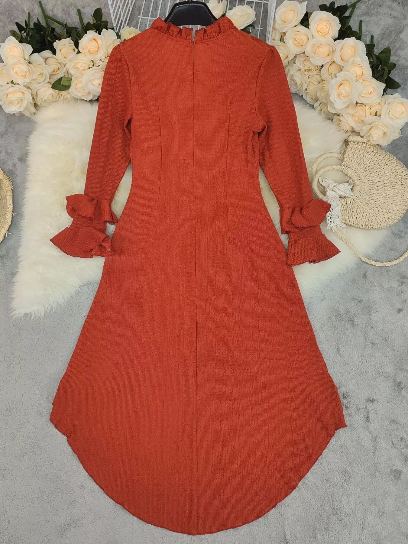 Ruffled High-Low Long Sleeve Dress  DAME BOHEME