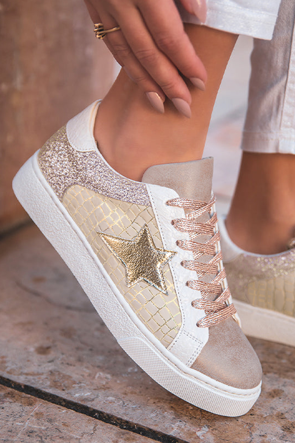 Clare Gold Glitter Star Lace-up Sneakers  DAME BOHEME