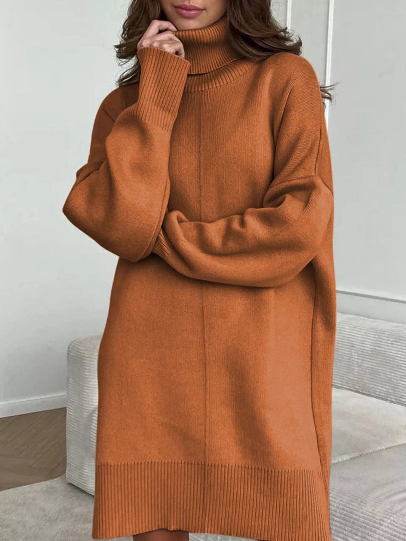 Solid Color Turtleneck Drop Shoulder Loose Sweater Dress  DAME BOHEME