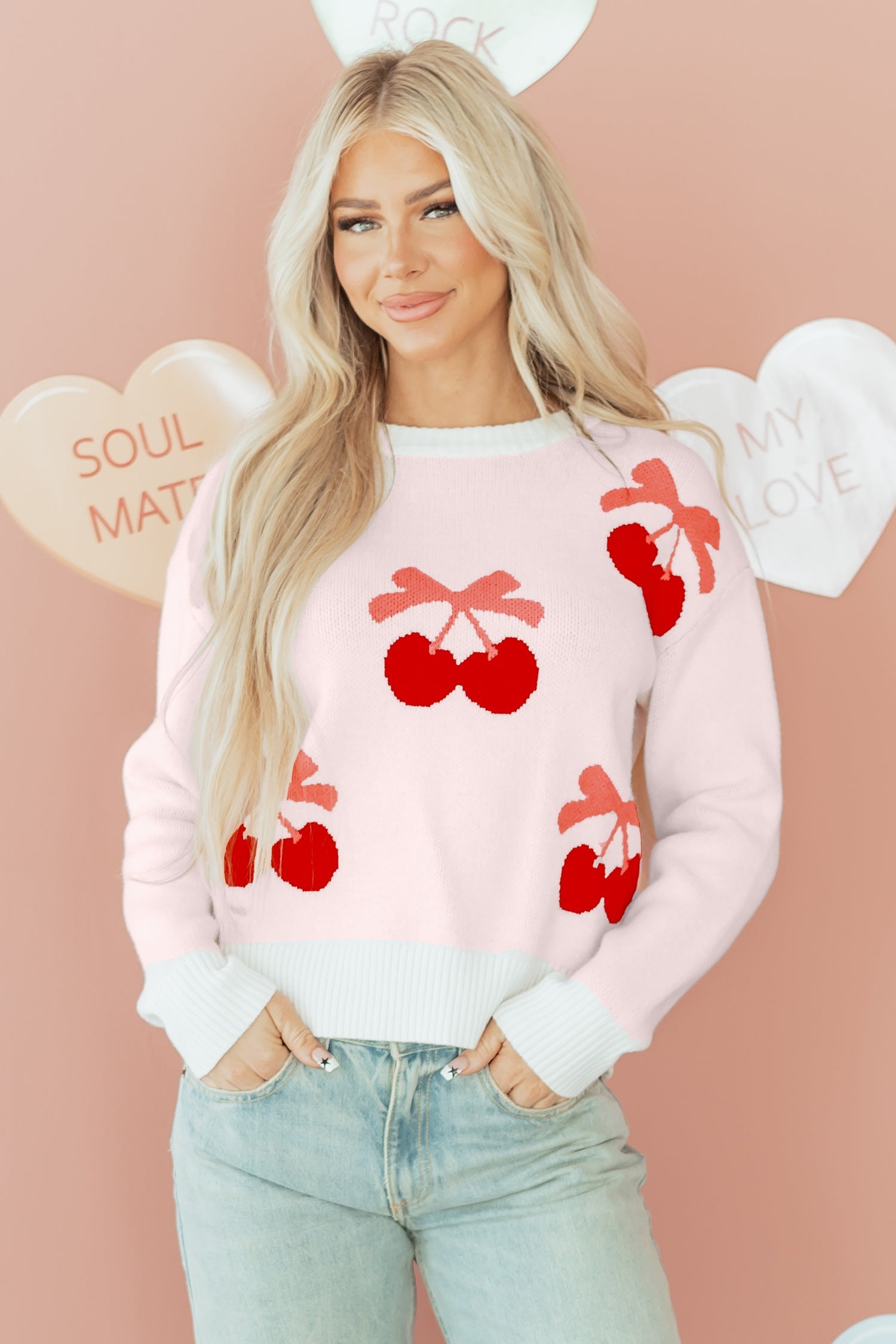 Nevaeh Cherry Pattern Drop Shoulder Sweater  DAME BOHEME