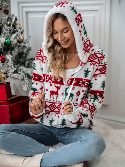 White Drawstring Christmas Element Zip-Up Hooded Jacket Winter Cute Stylish Holiday Outerwear For Her  DAME BOHEME