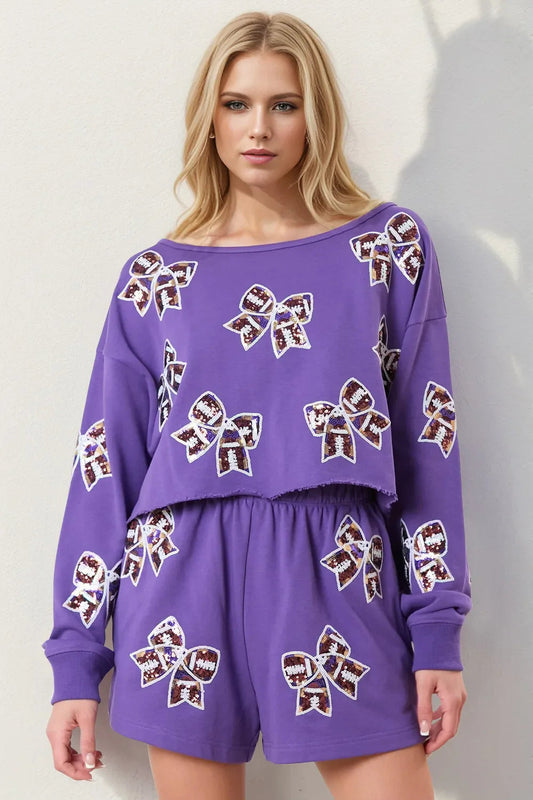 Double Take Sequin Bow Cropped Top and Shorts Set  DAME BOHEME