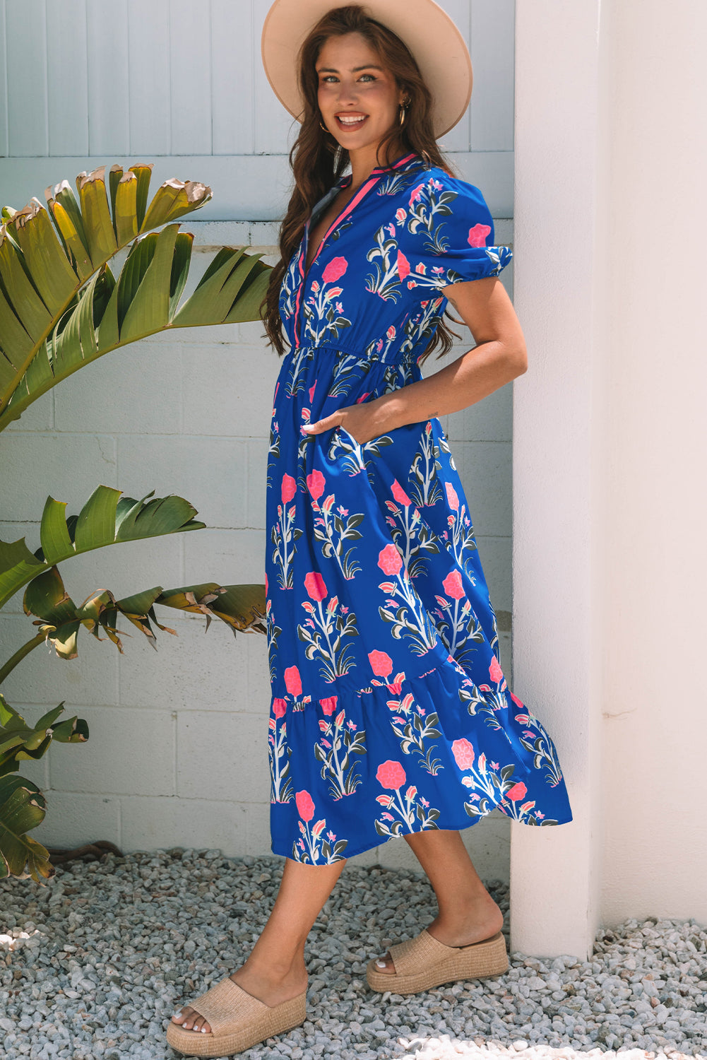 Floral Puff Short Sleeve High Waist Midi Dress Trendsi