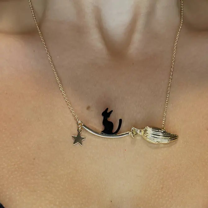 Halloween Black Binx Cat and Broom Pendant Necklace  DAME BOHEME
