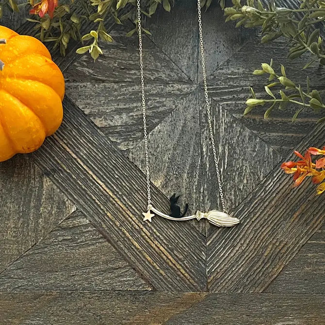 Halloween Black Binx Cat and Broom Pendant Necklace  DAME BOHEME