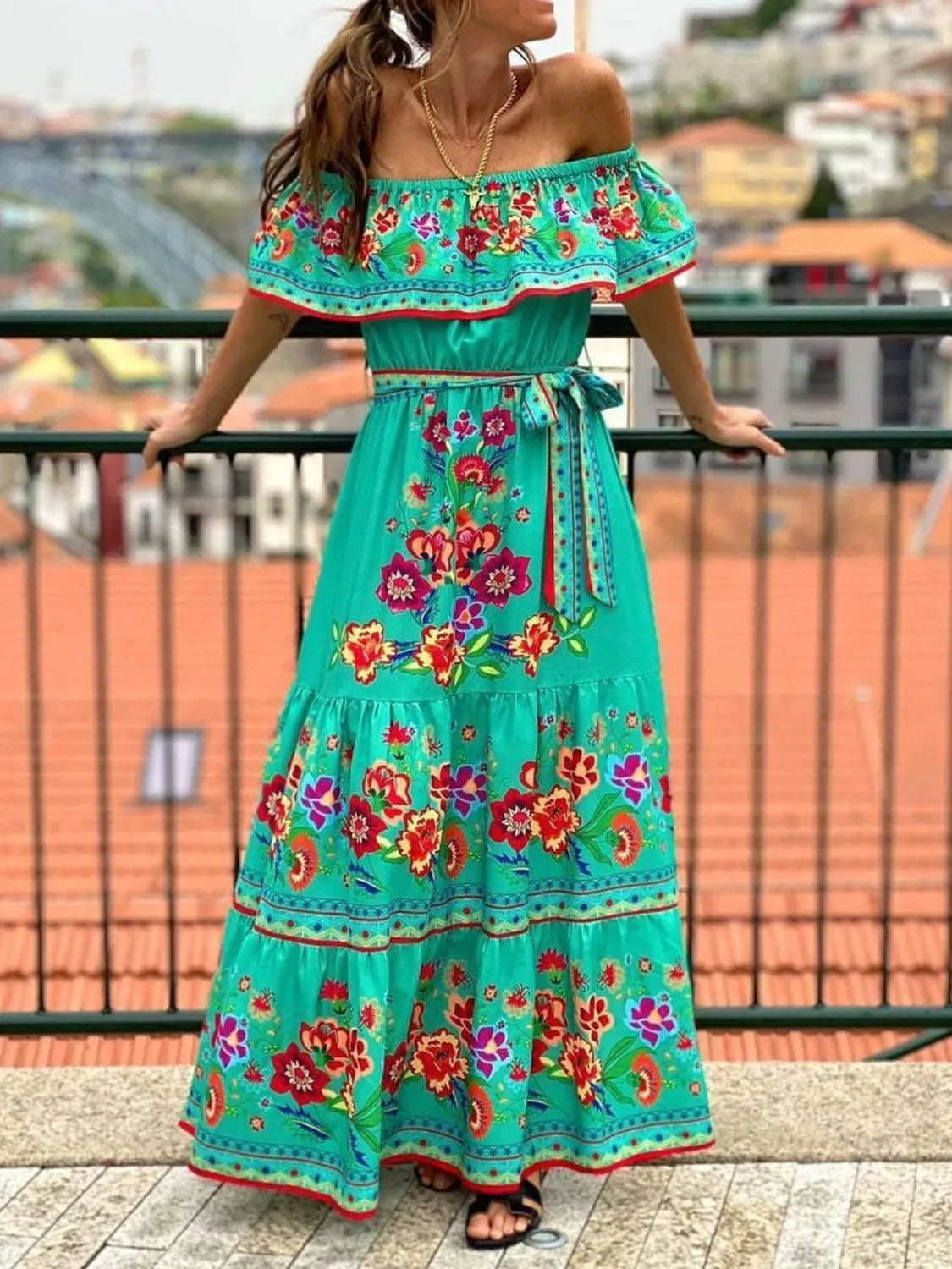 Floral Off Shoulder Ruffle Maxi Dress Trendsi