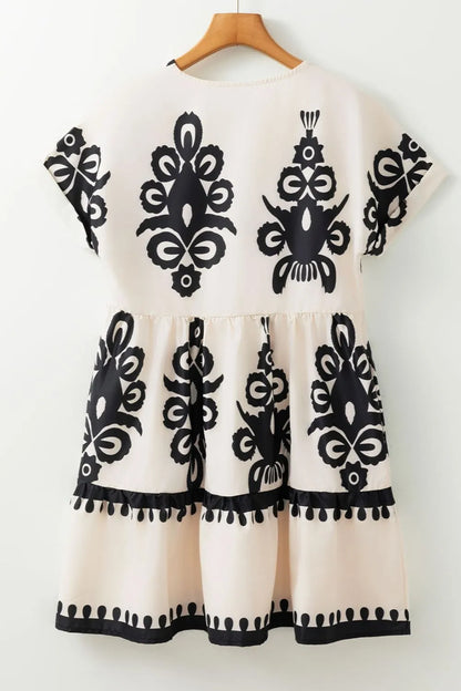 Printed V-Neck Short Sleeve Dress